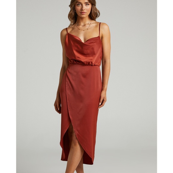Showpo SISTERS BY HEART ASYMMETRIC COWL NECK MIDI DRESS IN COPPER SATIN - Picture 4 of 6